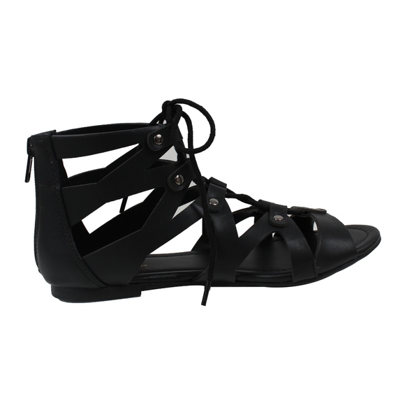 Black Open Toe Lace Up Strappy Ankle Flat Sandals - Picture 3 of 3